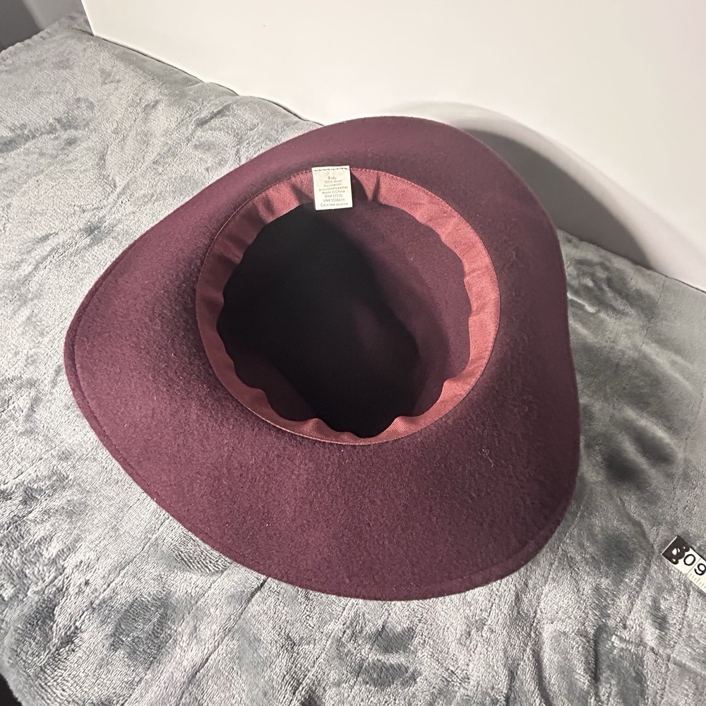 Burgundy 100% Wool Wide Brim Hat Braided Faux Leather Band Tassel Boho - Picture 4 of 7